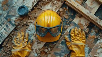 AI generated Hard Hat and Goggles on Pile of Wood photo