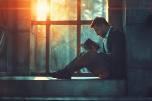 AI generated Man Reading Book on Window Sill photo