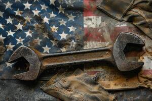 AI generated Wrench on Worn American Flag photo