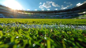 ai generado iluminado por el sol fútbol campo escena foto