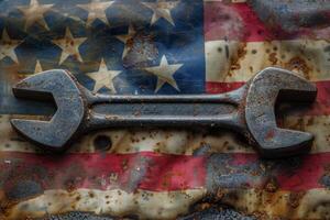 AI generated Wrench on Worn American Flag photo