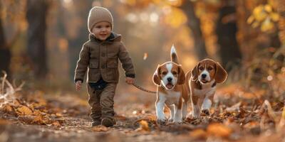 ai generado pequeño chico caminando con perro en bosque foto