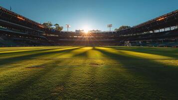 ai generado iluminado por el sol fútbol campo escena foto