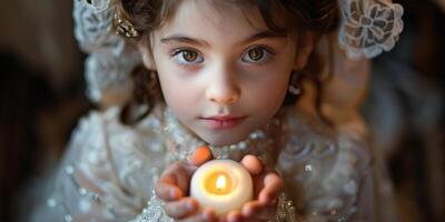 AI generated Young Girl in White Dress Holding Candle photo