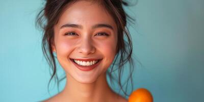 AI generated Woman Smiling With Oranges photo