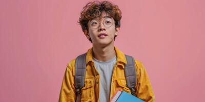 ai generado joven hombre con lentes participación libro foto