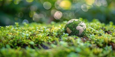 ai generado cubierto de musgo superficie con pequeño globo foto