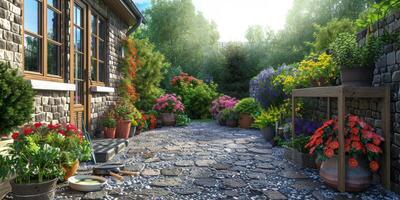 AI generated Cobblestone Road With Potted Plants and Flowers photo