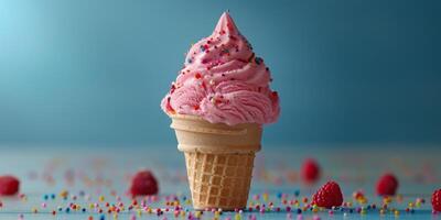 ai generado rosado hielo crema cono con asperja en azul superficie foto