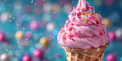 AI generated Pink Ice Cream Cone With Sprinkles on Blue Surface photo