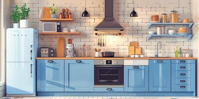 AI generated Blue Cabinets and White Brick Wall Kitchen photo