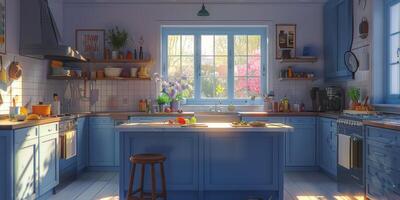 AI generated Blue Cabinets and White Brick Wall Kitchen photo