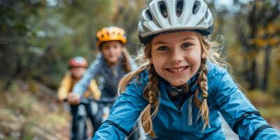 ai generado joven niña montando bicicleta con casco foto