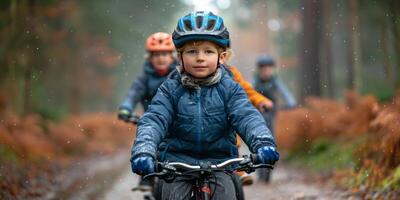 ai generado joven niña montando bicicleta con casco foto