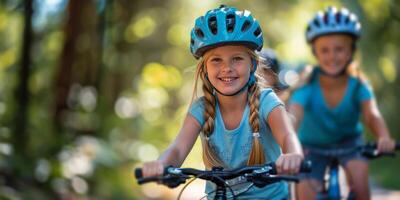 ai generado joven niña montando bicicleta con casco foto