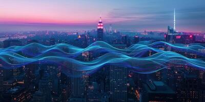 AI generated Night Cityscape With Light Trails and Sound Waves photo