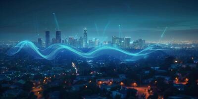 AI generated Night Cityscape With Light Trails and Sound Waves photo