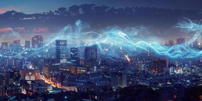 AI generated Night Cityscape With Light Trails and Sound Waves photo