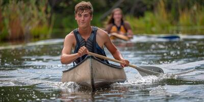 ai generado hombre y mujer remar canoa en río foto