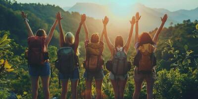 AI generated Group of People Standing on Lush Green Hillside photo