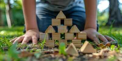 AI generated Person Playing With Wooden Blocks in Grass photo