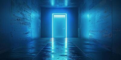 AI generated Long Hallway With Bright Blue Door photo