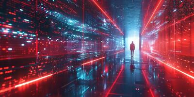 AI generated Man Standing in Red and Blue Light Tunnel photo