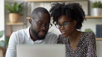 AI generated Man and Woman Looking at Laptop Screen photo