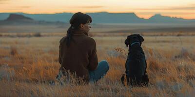 AI generated Person Sitting in Field With Dog photo