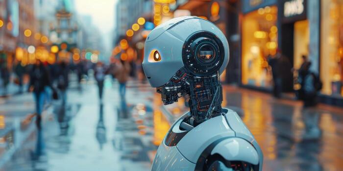 AI generated Robot Standing in Front of City at Night photo