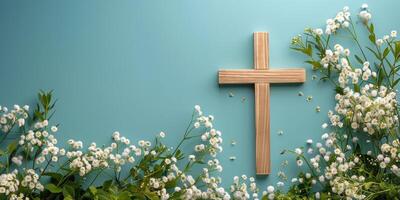 AI generated Cross on Blue Wall Surrounded by Flowers photo