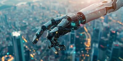AI generated Robotic Hand Touching Another With City in Background photo