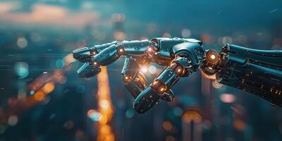 AI generated Robotic Hand Touching Another With City in Background photo