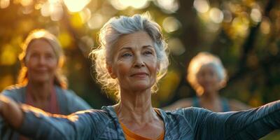 AI generated Group of Older Women Practicing Yoga Outdoors photo