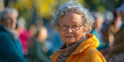 AI generated Stylish Older Woman in Yellow Jacket and Glasses photo