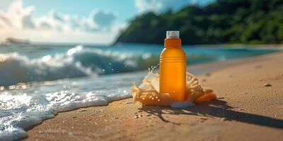 AI generated Orange Bottle on Sandy Beach photo