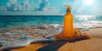 AI generated Orange Bottle on Sandy Beach photo