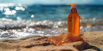 AI generated Orange Bottle on Sandy Beach photo
