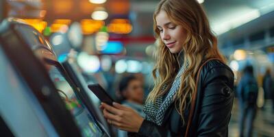 ai generado mujer en pie en frente de venta máquina foto