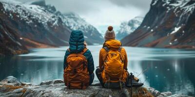 AI generated Backpackers Resting on Rock by Mountain Lake photo