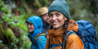 ai generado sonriente mujer con mochila foto