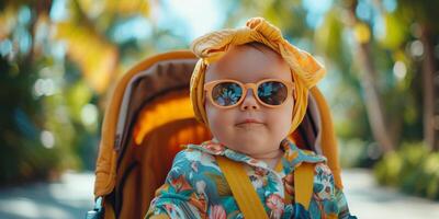 ai generado pequeño niño vistiendo Gafas de sol y amarillo venda foto