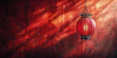 AI generated Red Chinese Lantern Hanging on Wall photo