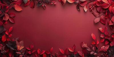 AI generated Red Background With Leaves and Berries photo