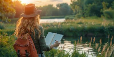 AI generated Woman Writing in Notebook With Backpack photo