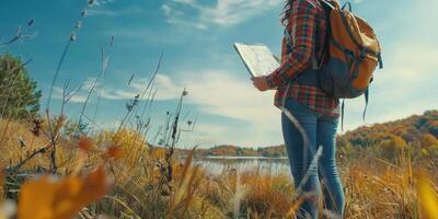 AI generated Woman With Backpack Looking at Map photo