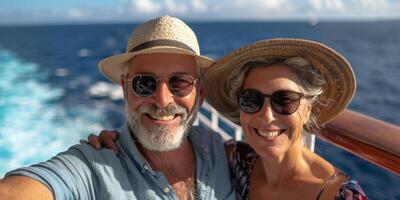 ai generado hombre y mujer tomando selfie en crucero Embarcacion foto