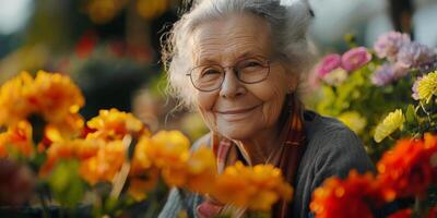 ai generado mujer en pie en flor tienda foto