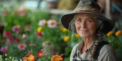 AI generated Older Woman Wearing Hat in Garden photo