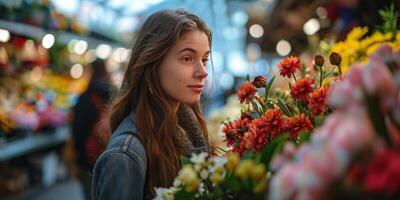 AI generated Woman Admiring Bouquet of Flowers photo